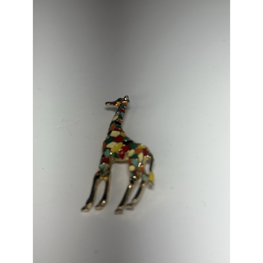 Giraffe Animal Kingdom Brooch Pin Bright Multicolor Enamel Over Gold-Tone‎ Metal